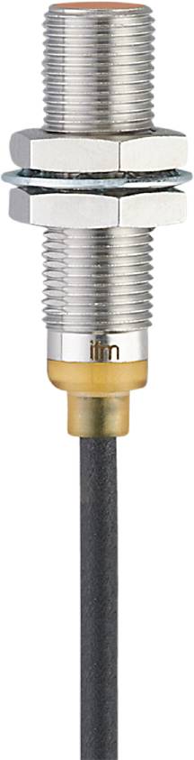 Metallischer zylindrischer Sensor mit Gewinde und gelbem Kunststoffelement, an einem grauen Kabel befestigt.