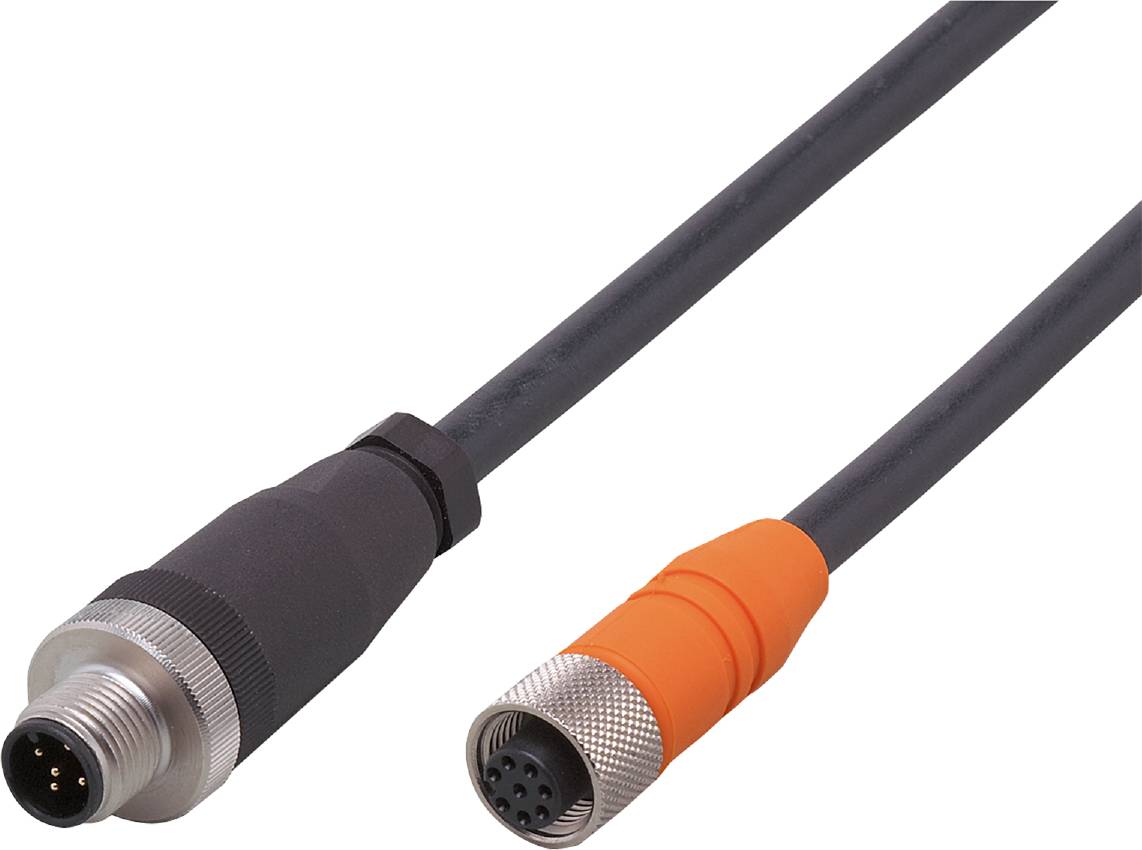 Steckerkabel mit zwei Buchsen: eine schwarze und eine orange mit mehreren Pins, auf weißem Hintergrund. Essenziell für elektronische Verbindungen.