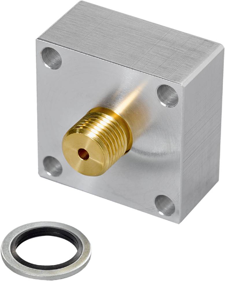 Metallblock mit zentralem, goldfarbenem Gewindeanschluss und vier Montageschraubenlöchern in den Ecken, Ringdichtung unten.
