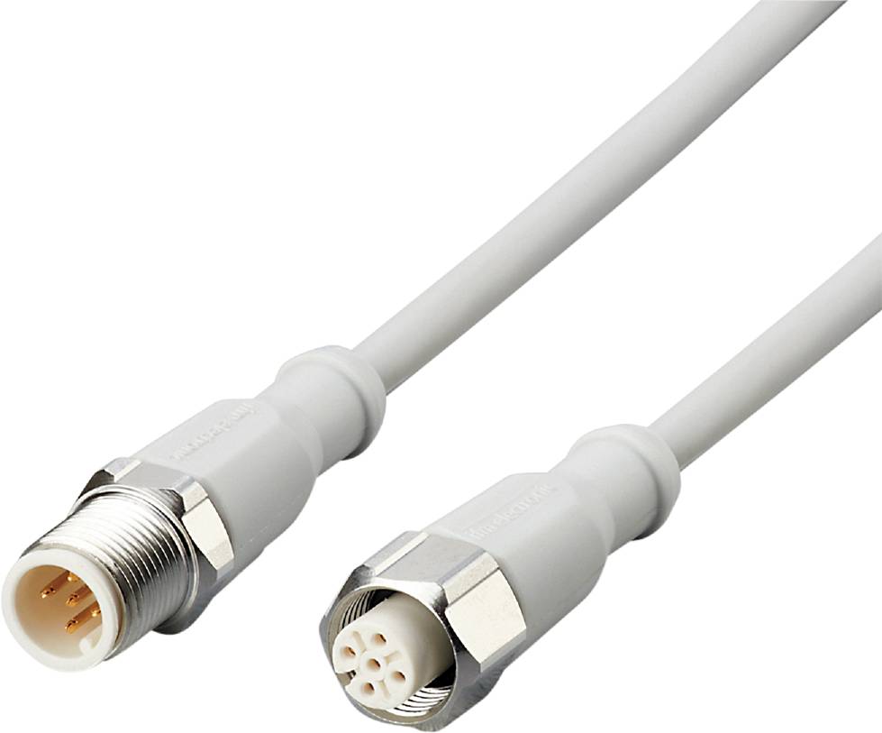 Zwei graue Sensor-Steckverbinder mit verchromten Details. Links ist die Buchse, rechts der Stecker. Beide haben einen runden, gerippten Anschluss.