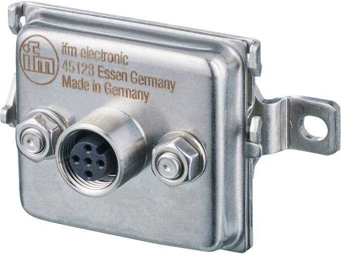 Metallsensor mit Stecker, Aufschrift 'ifm electronic, 45128 Essen Germany, Made in Germany', zeigt Anschlüsse und Markenlogo.