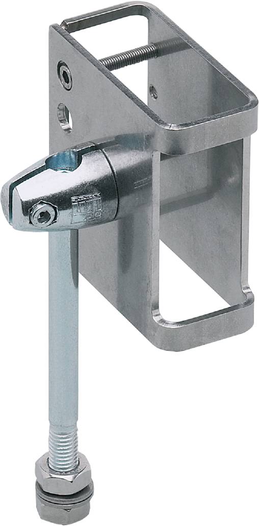Metallschloss mit Riegel in Schließposition an einer Metallstruktur befestigt.