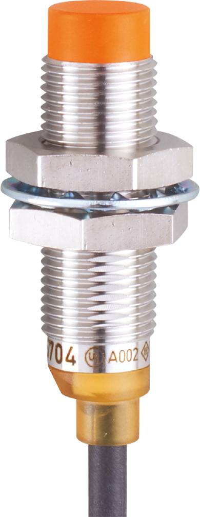 Metallsensor in Nahaufnahme, zeigt ein Gewinde mit Sechskantmutter und Unterlegscheibe, geeignet für industrielle Anwendungen.