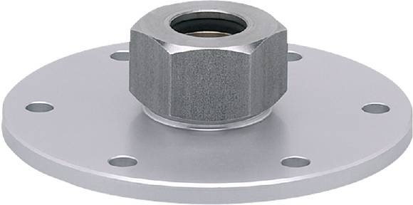 Eine Metallflanschmutter auf einer kreisförmigen Grundlage mit vier Schraubenlöchern, verwendet zur Verbindung von Rohrleitungen.