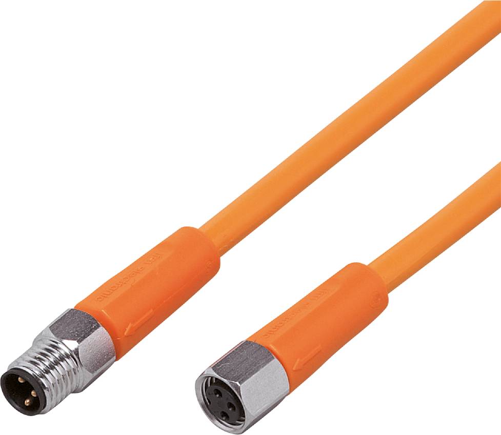 Zwei orangefarbene Kabel mit Metallsteckern, eines männlich und eines weiblich, liegen parallel zueinander.