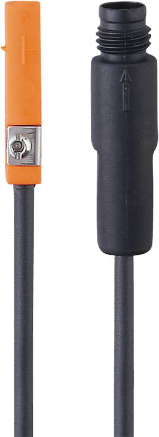 Ein Nahaufnahme-Bild zeigt ein schwarzes und oranges Kabelende mit einem metallischen Kontakt für elektrische Verbindungen.