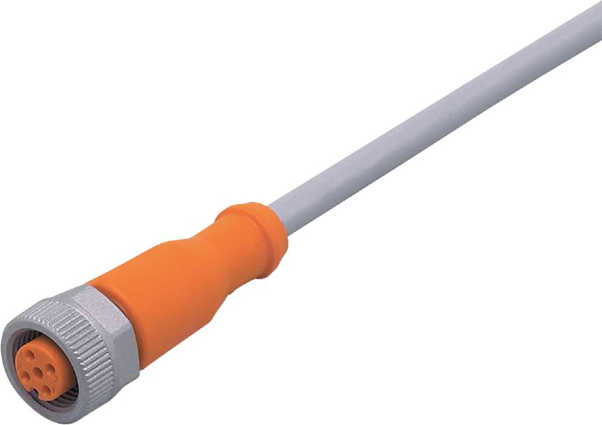 Langer zylindrischer Sensor mit grauem Kabel und orangefarbenem Kunststoffgehäuse, geeignet für industrielle Anwendungen.