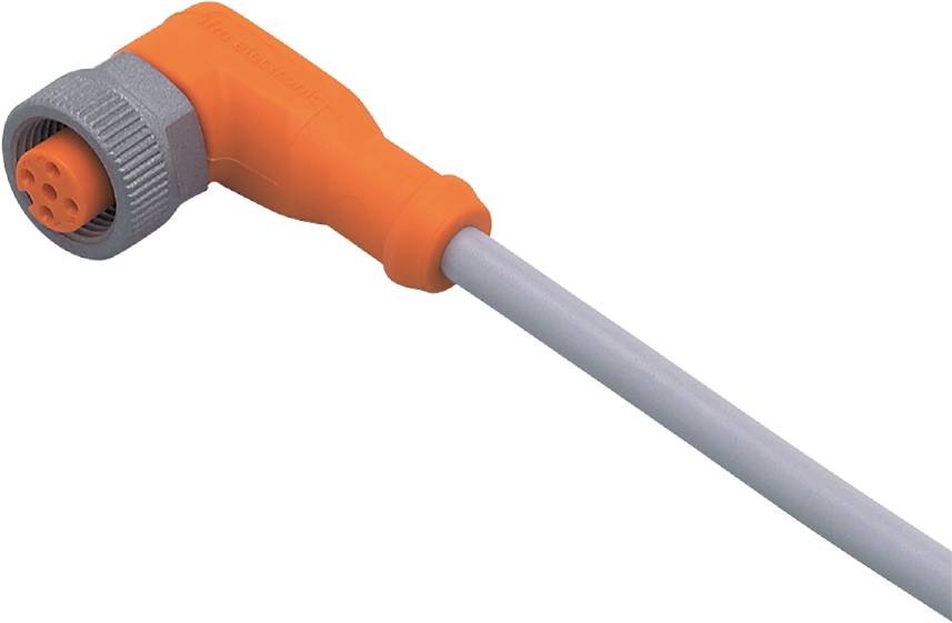 Ein oranger Sensor mit abgewinkeltem Kopf und grauem Kabel ragt aus einem Gerät heraus.