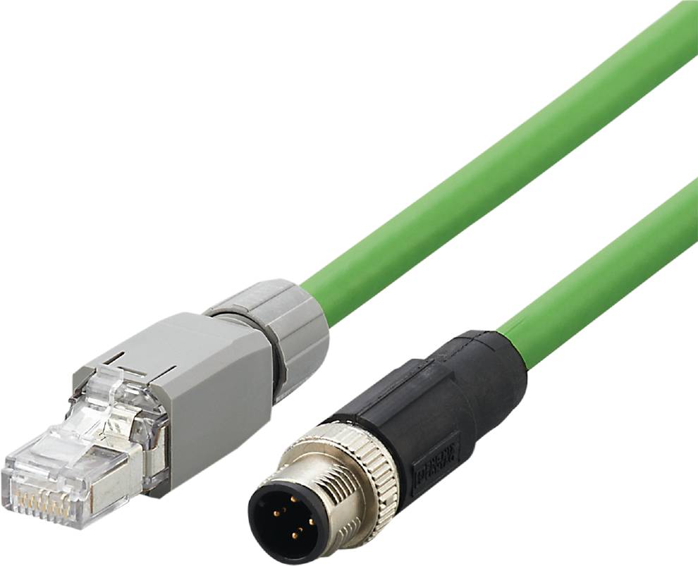 Grünes Netzwerkkabel mit RJ45-Stecker und schwarzem Rundstecker. Verwendet zur Datenübertragung und Verbindung elektronischer Geräte.