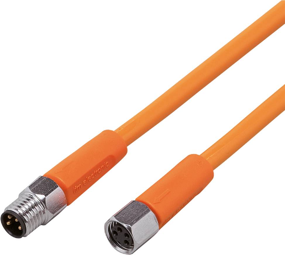 Zwei orangefarbene elektrische Stecker mit Metallgewinden, verbunden mit Kabeln, auf weißem Hintergrund.