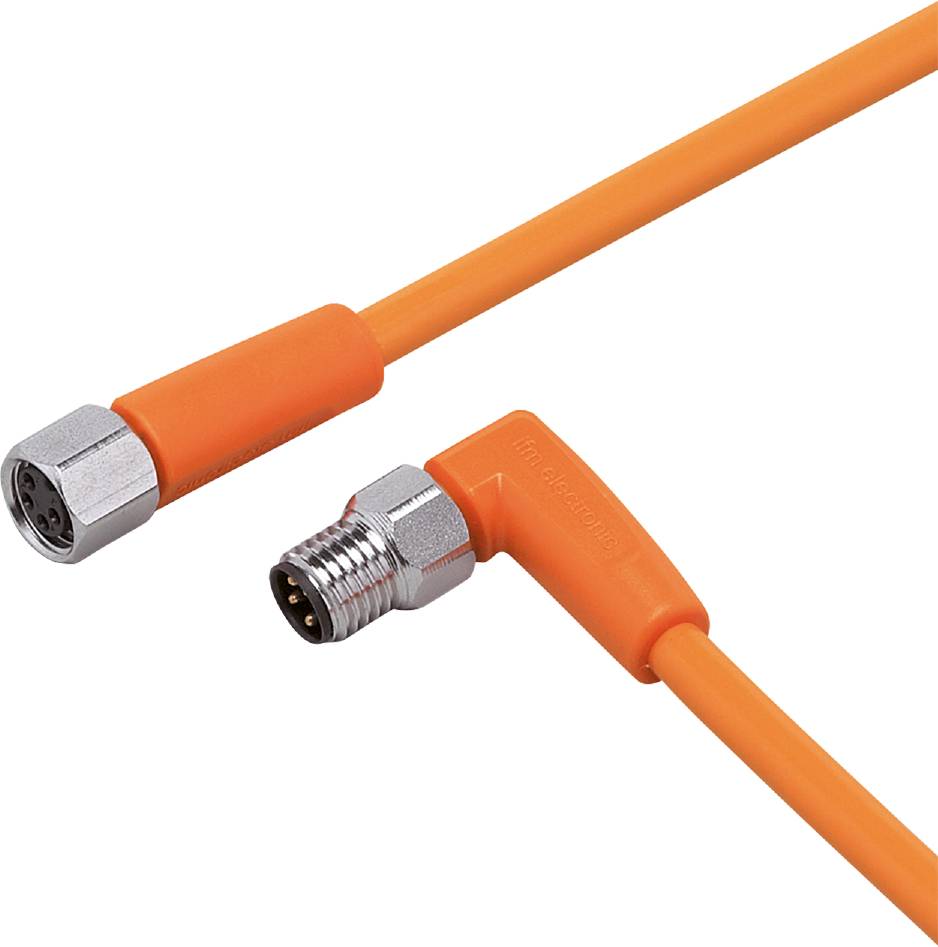 Ein orangefarbenes, rechtwinkliges M12-Kabel mit einem männlichen und einem weiblichen Steckverbinder, typisch für industrielle Anwendungen.