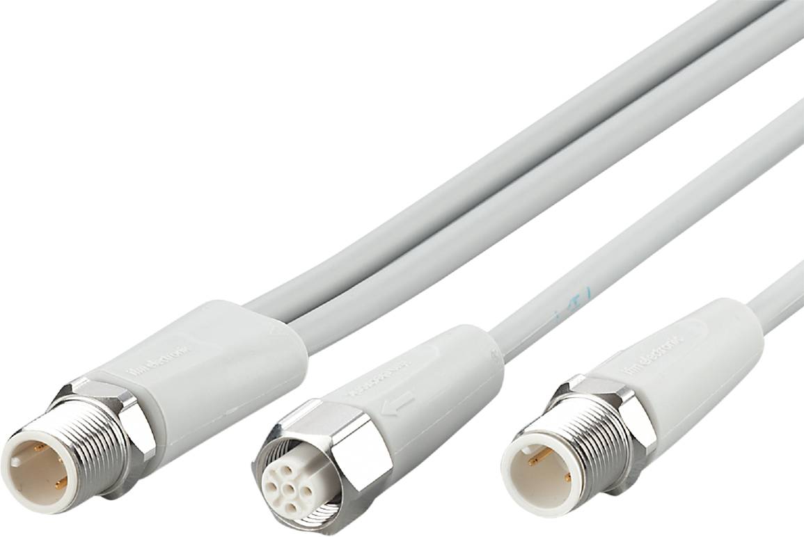 Zwei graue Koaxialkabel mit F-Steckern. Eines der Kabel zeigt den Stecker und das andere die Buchse, die zusammenpassen.