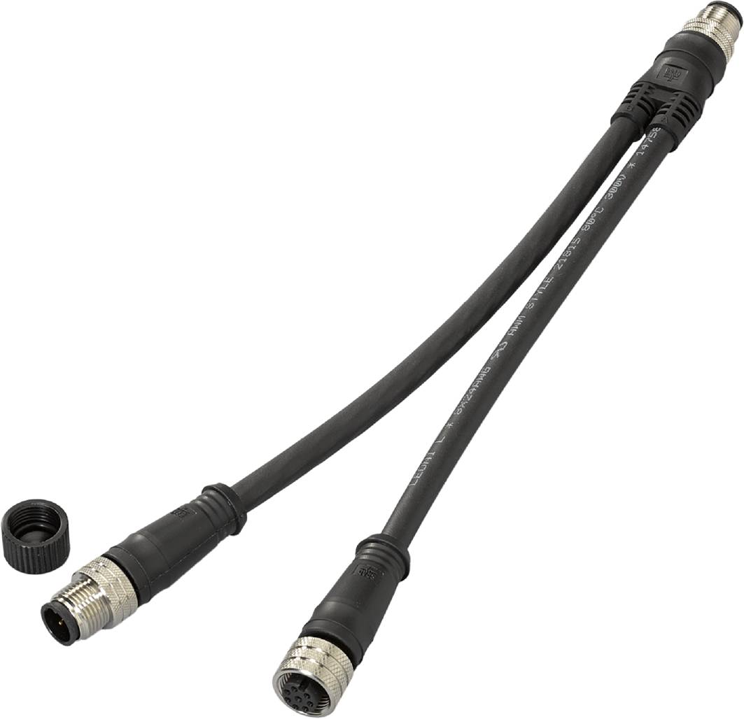 Ein schwarzes Y-Kabel mit zwei Steckern, einer Abdeckung und einem abgewinkelten Anschluss zum Verbinden elektronischer Geräte.