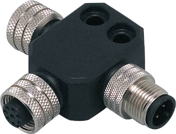 Schwarzer Verteilerblock mit vier Metallanschlüssen für Schläuche oder Kabel, zwei oben und zwei seitlich.