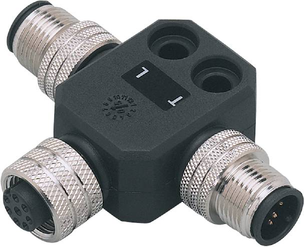 Ein schwarzer elektrischer Steckverbinder mit zwei Anschlüssen und Metallgewinden. Markiert mit 