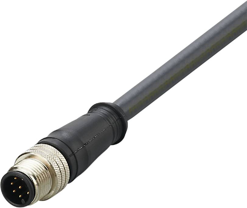Ein schwarzes Rundkabel mit einem Metallstecker an einem Ende. Der Stecker hat mehrere Pins und ist für industrielle Anwendungen geeignet.