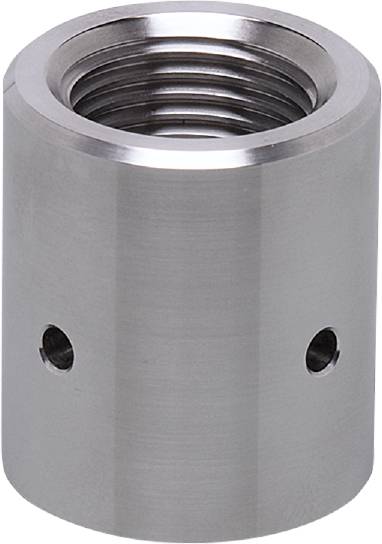 Ein silbernes Metallteil, zylindrisch, mit horizontalen Gewinden im Inneren und zwei Löchern an den Seiten, wahrscheinlich Teil eines Rohrsystems.