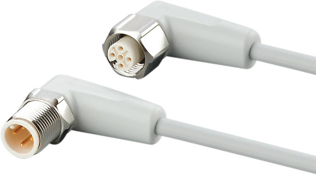 Graues elektrisches Verbindungskabel mit rundem Metallstecker und mehreren Pins. Geeignet für elektronische Geräte oder industrielle Anwendungen.