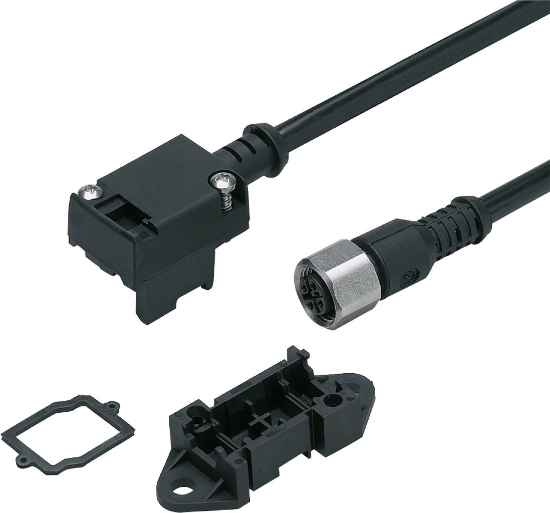 Schwarzes, flaches Sensorkabel mit rechteckigem Gehäuse und rundem Stecker. Neben dem Kabel liegen zwei Befestigungsteile.