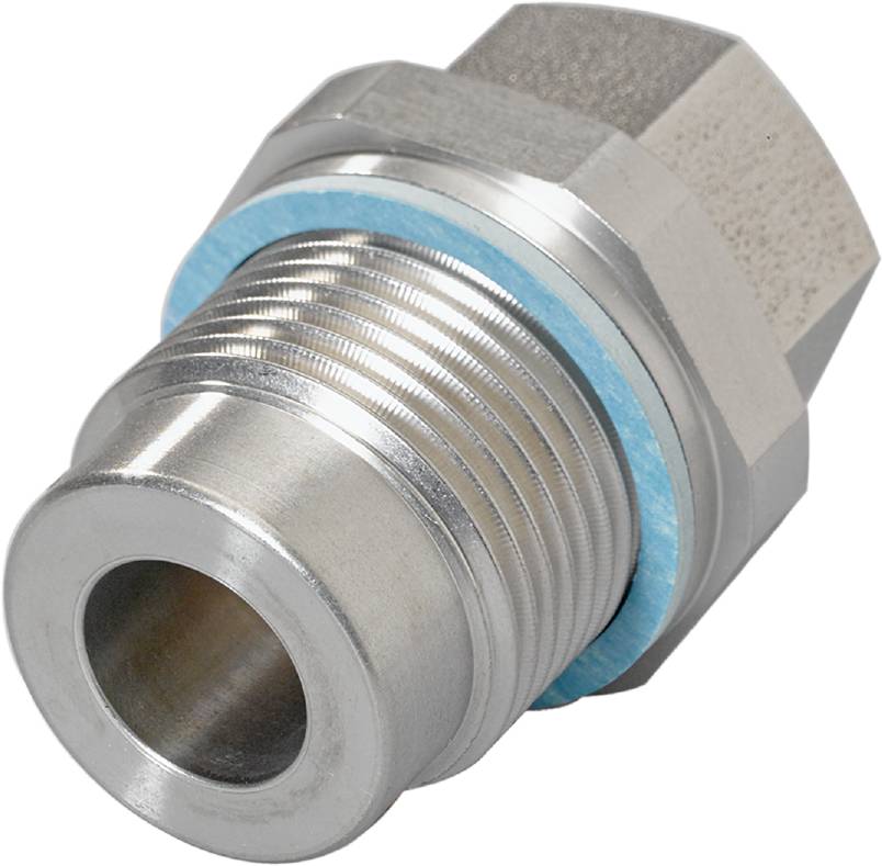 Metallischer Steckverbinder mit Gewinde und Sechskantmutter. Er hat einen blauen Dichtungsring. Geeignet für industrielle Anwendungen.