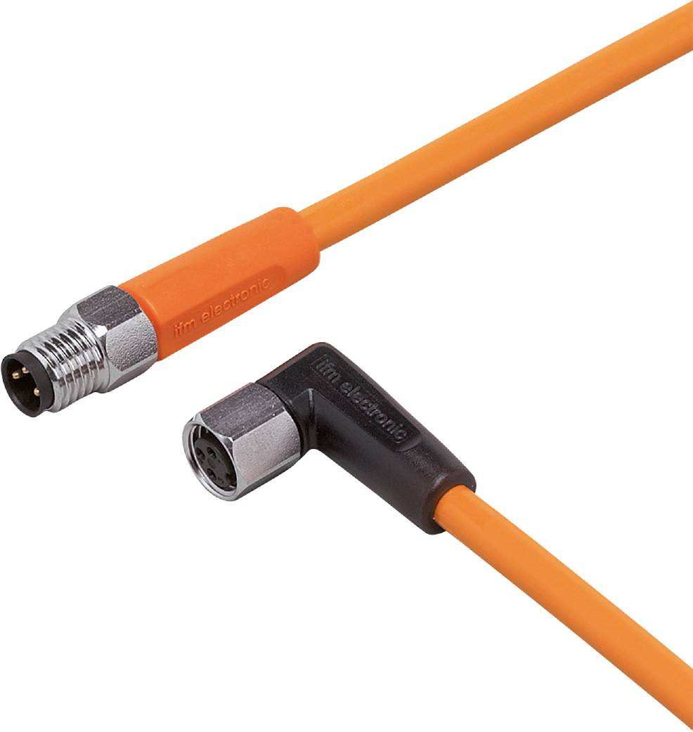 Zwei Steckverbinder mit orangefarbenem Kabel: ein gerader M8-Metallstecker links und ein gewinkelter Kunststoffstecker rechts.