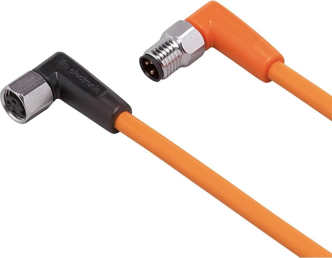 Ein orangefarbenes Kabel mit zwei Metallsteckern an den Enden, verbunden durch abgewinkelte Kunststoffgehäuse, zeigt eine elektrische Verbindung.
