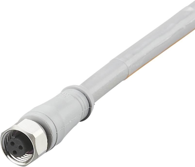 Ein grau-silberner Steckverbinder mit Kabel, verwendet für elektrische Verbindungen, Nahaufnahme des Anschlussbereichs.