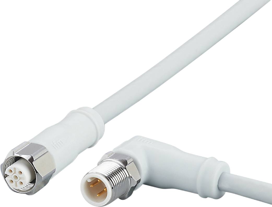 Weiße industrielle Steckverbindung mit Metallgewinde und Kabel, geeignet für industrielle Anwendungen und Datenverbindungen.