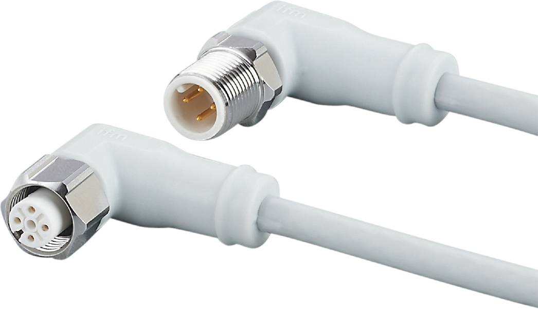 Ein graues, gewinkeltes Kabel mit einem metallischen Stecker und goldfarbenen Kontakten, geeignet für technische Verbindungen.