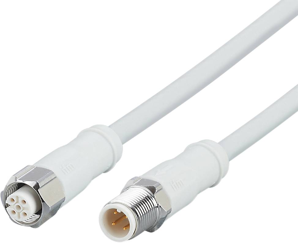 Zwei weiße Koaxialkabel mit metallischen Steckverbindern an den Enden, dargestellt auf weißem Hintergrund.