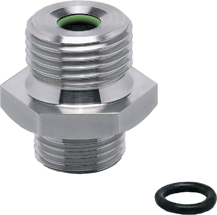 Metallisch glänzender Adapter mit Innen- und Außengewinde, daneben ein schwarzer Dichtungsring. Geeignet für Rohrverbindungen.
