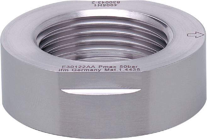 Metallgewinde-Adapter, zylindrische Form, mit Gravur 'E30122AA Pmax 50bar ifm Germany Mat. 1.4435'.