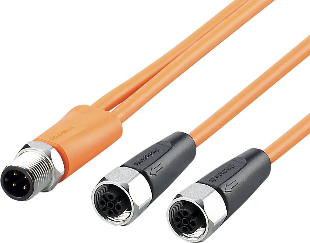 Zwei orange Kabel mit schwarzen Steckern, wahrscheinlich für Sensoren oder industrielle Anwendungen, auf weißem Hintergrund.