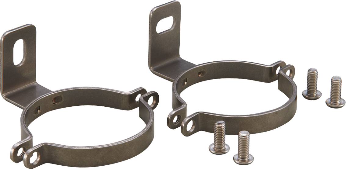 Metallhalterung mit zwei Schrauben, die für die Befestigung von Rohren oder Kabeln an einer Oberfläche geeignet ist.