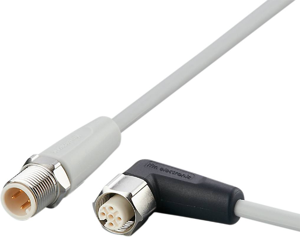 Ein graues M12-Steckverbinder-Kabel mit einem geraden männlichen und einem gewinkelten weiblichen Anschluss, technische Anschlüsse.