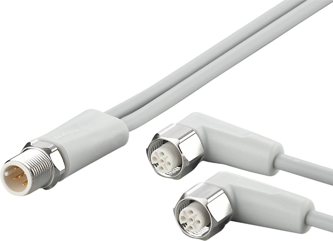 Zwei graue Kabel mit runden Metallsteckern, die zur Daten- oder Stromübertragung verwendet werden könnten.