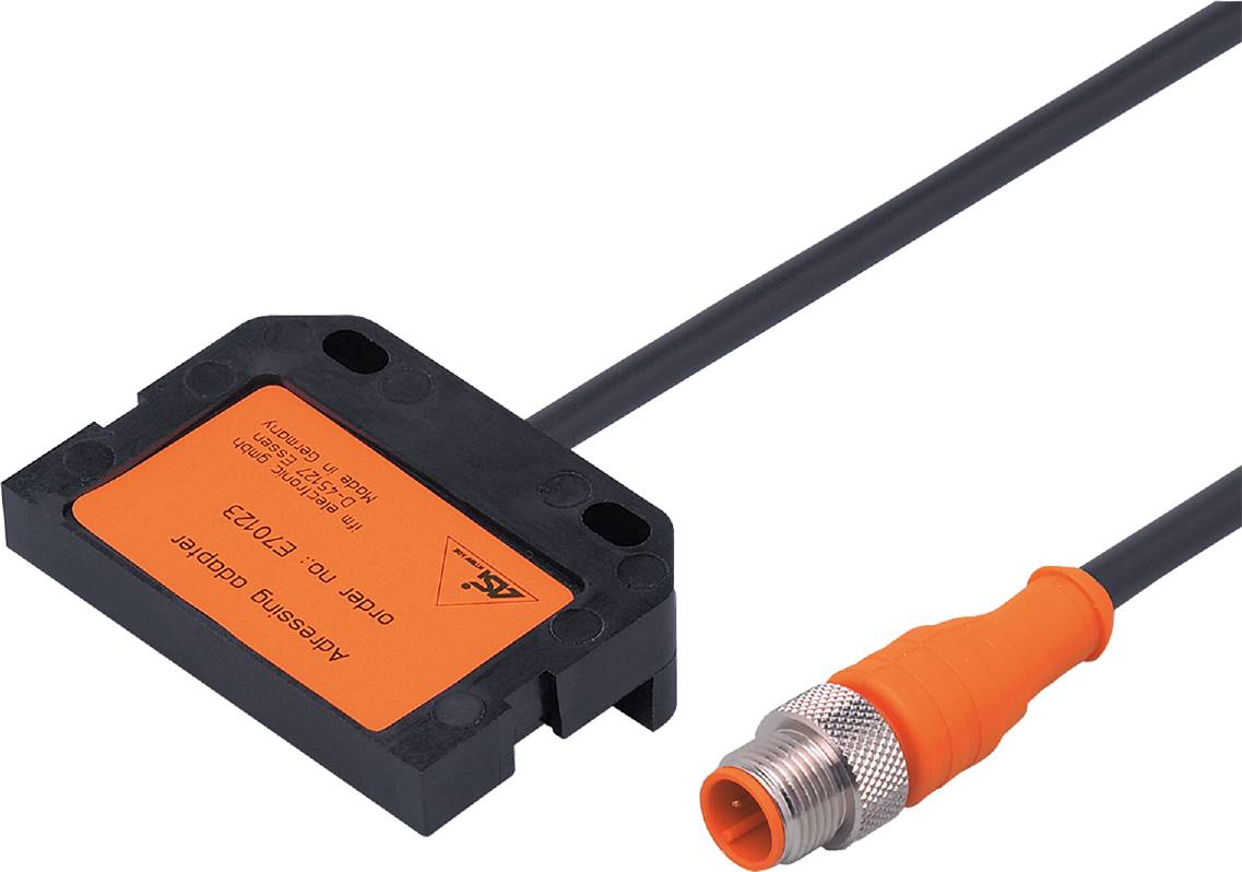Ein rechteckiger Sensor mit orangefarbener Oberfläche ist mit einem Kabel verbunden. Darauf steht: 'Order Nr: E10703'.