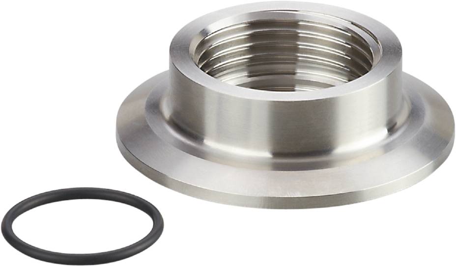 Metallene Rohrverbindung mit Gewinde, kreisförmig mit flachem Rand, daneben ein schwarzer O-Ring.