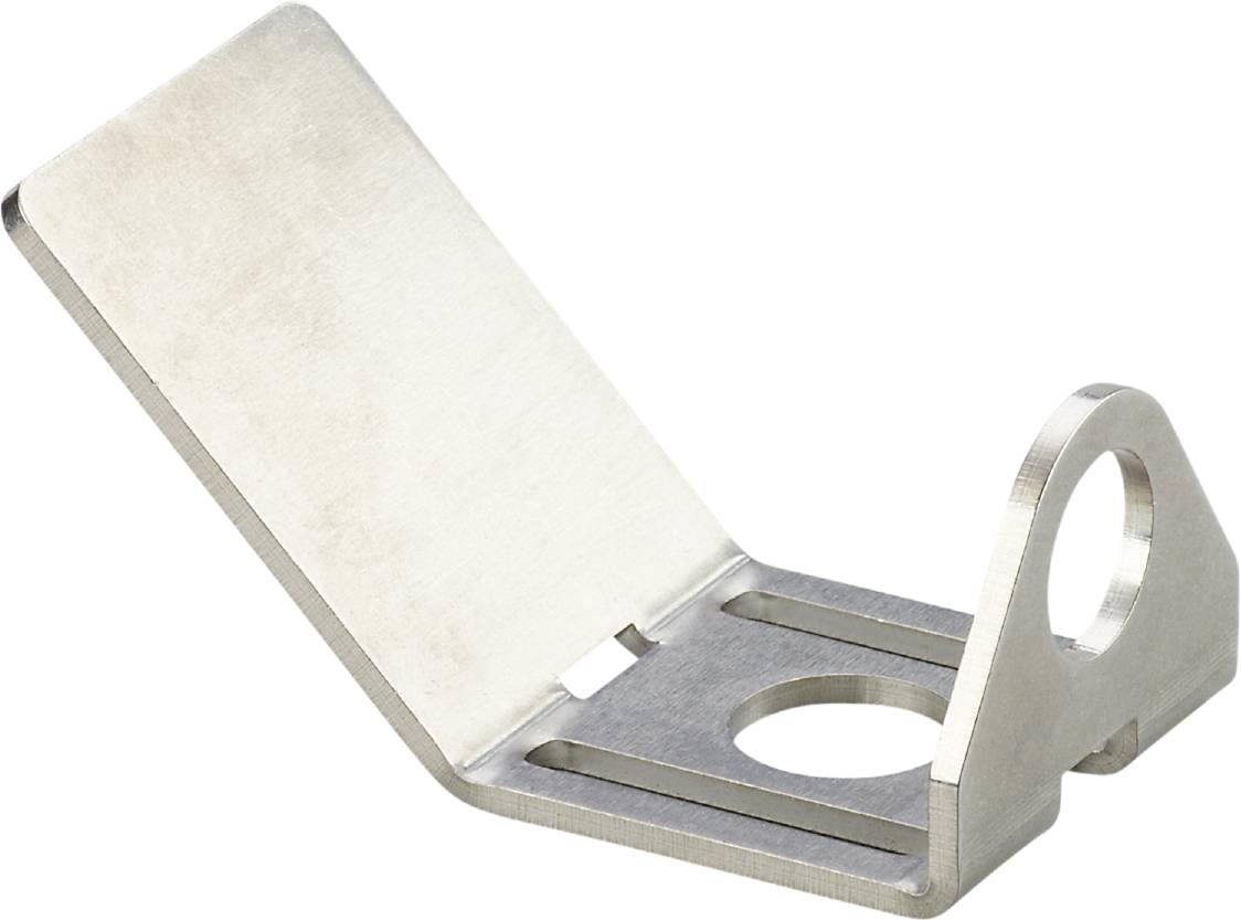 Metallhalterung mit rechteckiger Basis und schräger Abdeckung. Eine Öffnung in der Mitte der Basis ist sichtbar.