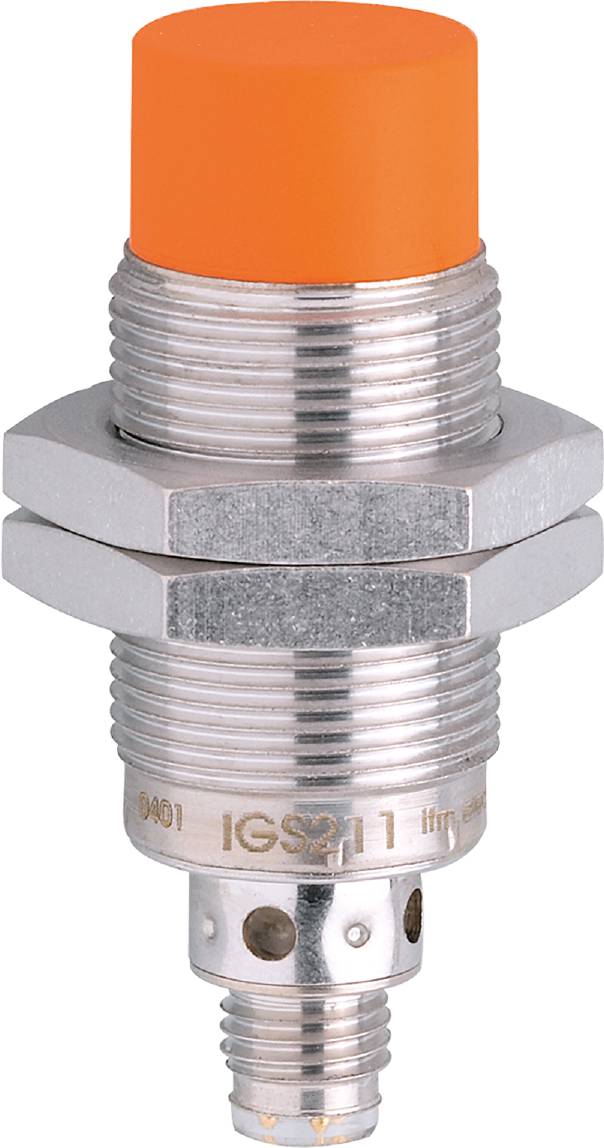 Metallsensor in silberner Farbe mit sechseckigen Muttern und Gewinde. Unterseite mit orangefarbener Kappe. Modellnummer graviert.