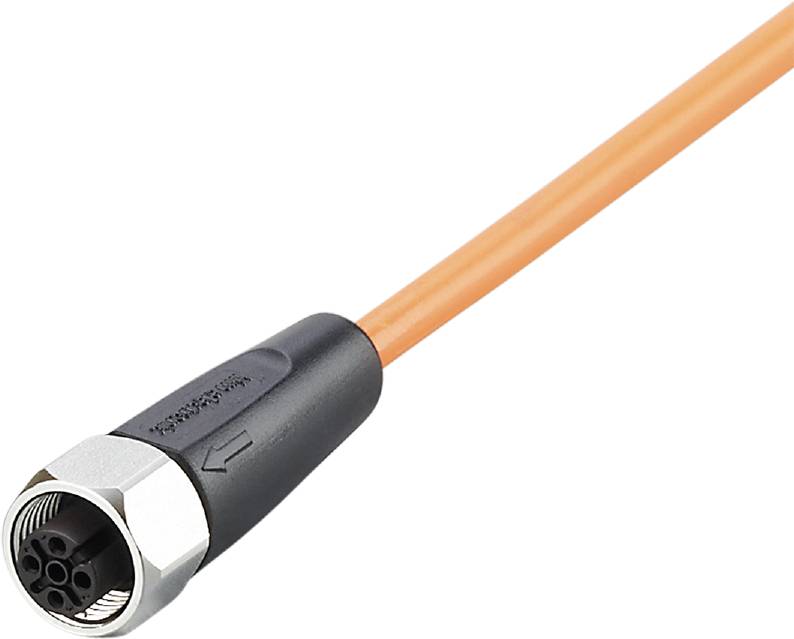 Glasfaserkabel mit orangefarbener Ummantelung und schwarzem Stecker, verwendet zur Datenübertragung.