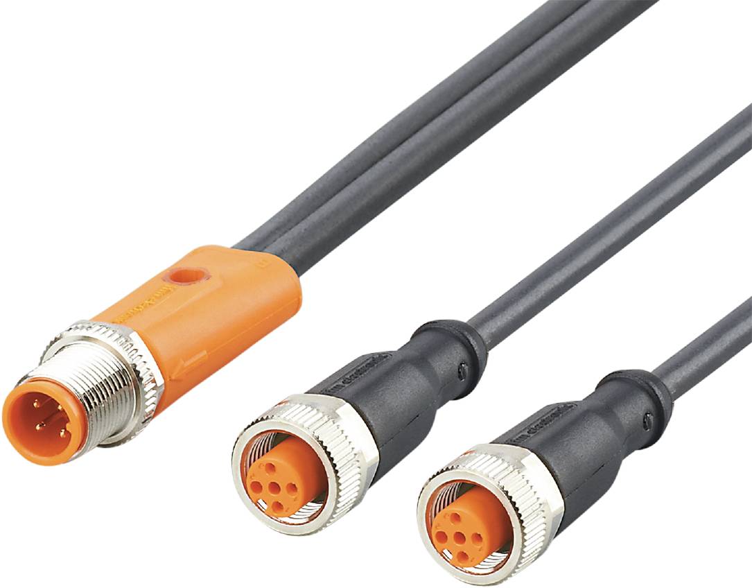 Drei industrielle Rundstecker mit schwarzen Kabeln und farblich gekennzeichneten Kunststoffgehäusen in Orange und Schwarz, die Steckverbinder sind mit Metallringen versehen.
