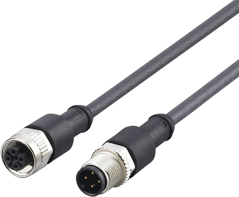 Zwei schwarze Verbindungskabel mit runden Steckern. Eines zeigt eine Öffnung mit Gewinde, das andere hat sichtbare Metallstifte.