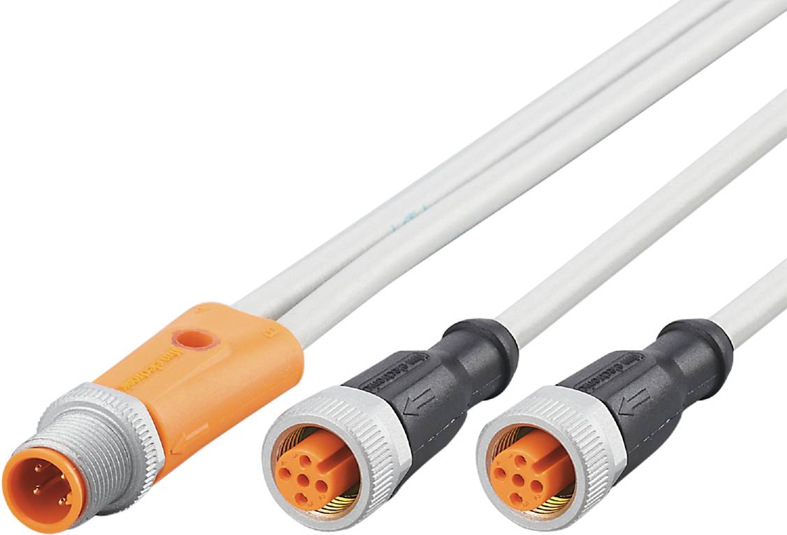 Zwei industrielle Steckverbinder, einer orange, einer schwarz, mit sechs Pins, verbunden mit grauen Kabeln, isoliert auf weißem Hintergrund.