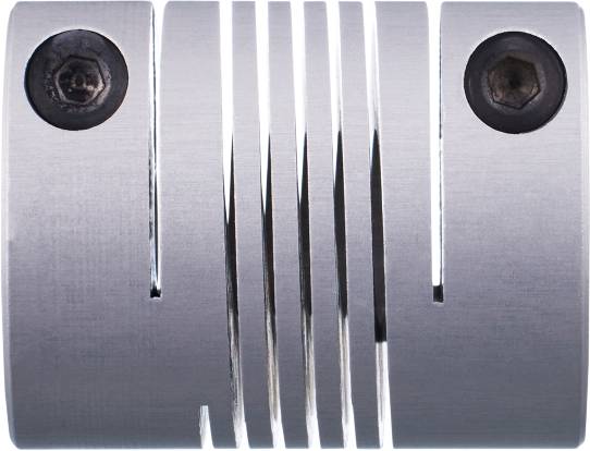 Eine Metallkupplung mit mehreren parallelen Schlitzen, die Elastizität ermöglicht. Verbindet Maschinenteile zur Drehmomentübertragung.