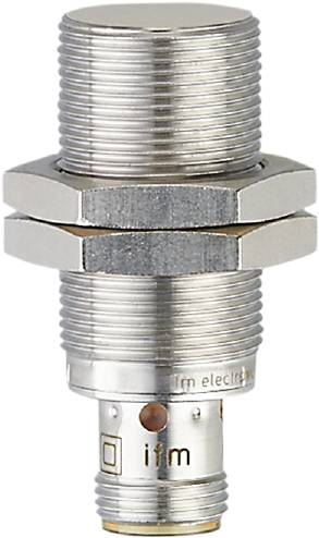 Ein metallischer zylindrischer Sensor mit Gewinde und Sechskantmutter, geeignet für die Installation in Maschinen oder elektrischen Geräten.