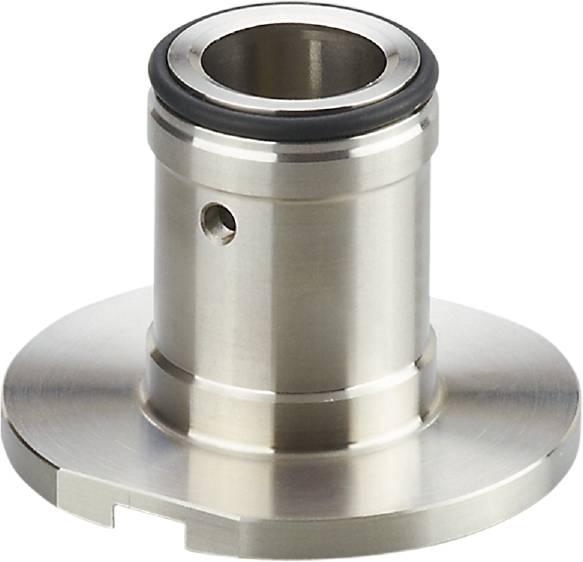 Ein metallischer, zylindrischer Bausatzteil mit schwarzem Dichtungsring oben, seitlicher Schraubenöffnung und breitem Flansch unten zur Befestigung.