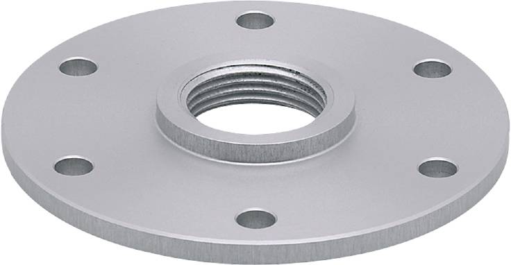Metallflansch mit zentralem Gewinde und zwei Löchern zur Befestigung auf einer glatten Oberfläche.