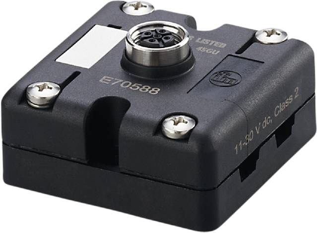 Ein schwarzer elektronischer Sensor mit vier Schrauben, einer zentralen Steckverbindung und der Aufschrift '11-50 V DC'.