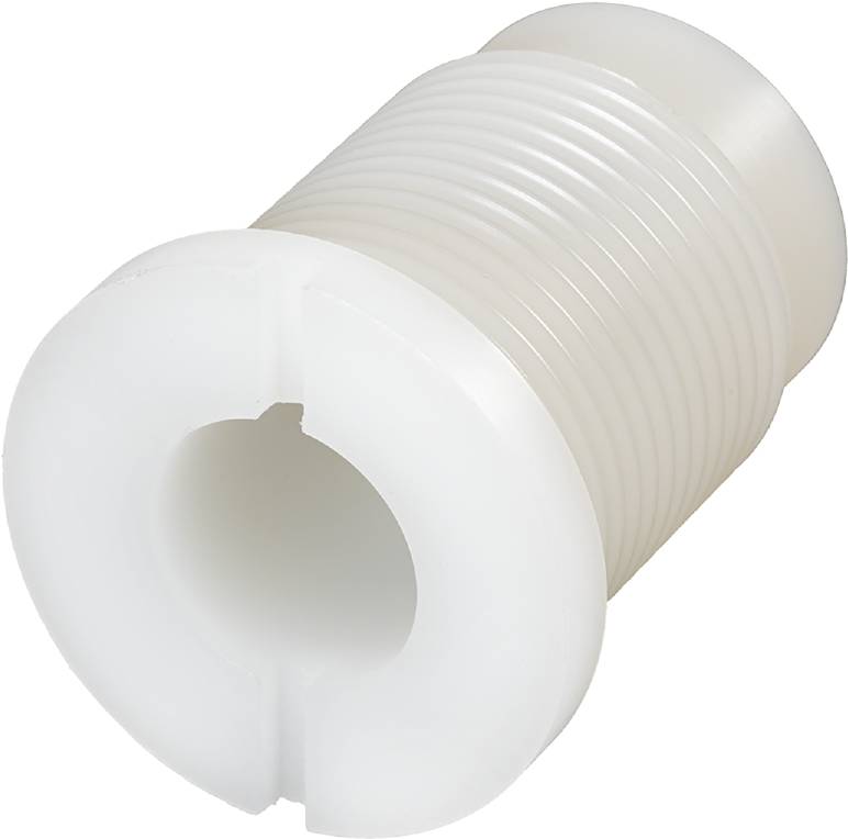 Ein weißer, zylinderförmiger Kunststoffadapter mit geriffelter Oberfläche und einem zentralen Loch, vermutlich für eine technische Anwendung.